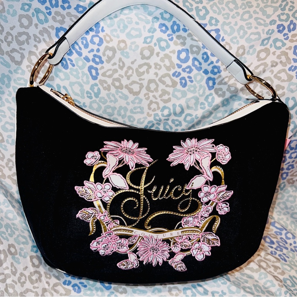 New Black Juicy Couture Purse Handbag Satchel Bag Floral Flower Velour